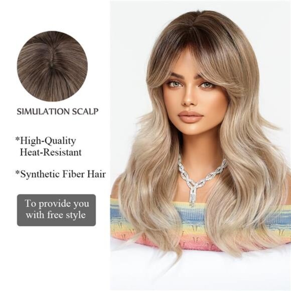 Wigs With Bangs Natural Synthetic Wavy Ombre Ash Blonde - Picture 2 of 6